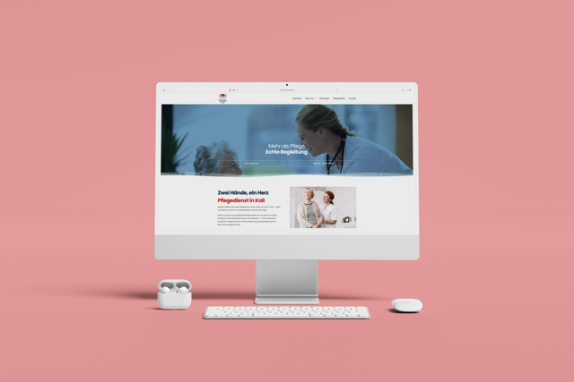 Website des Pflegedienst Zwei Hände, ein Herz auf einem Desktop-Bildschirm